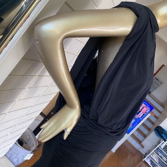 All Saints black viscose body con cowl back mini w/side boob. - Picture 4 of 11